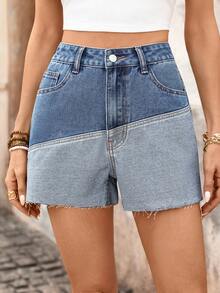Breezaya 女士高腰口袋毛边休闲牛仔短裤 - 藍色 - 查看 1