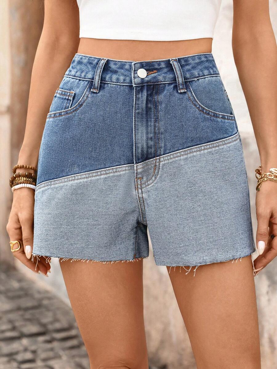 Breezaya 女士高腰口袋毛边休闲牛仔短裤 - 藍色 - 查看 1