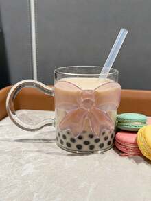 1个3D粉色蝴蝶结玻璃杯 - 少女风耐热咖啡早餐杯，带把手 - 办公饮具 - 彩色 - 查看 4