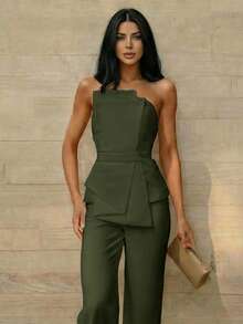 Firerie Summer Army Green Elegant Party Asymmetrical Strapless High-Waisted Jumpsuit,Refined Minimalist Chic For Weddings,Festivals & Dates - Army Green - View 8