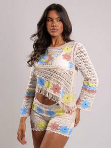 Swim Chiccia 女士优雅镂空新款沙滩罩衫，常规版型长袖，夏季沙滩度假 - 彩色 - 查看 5