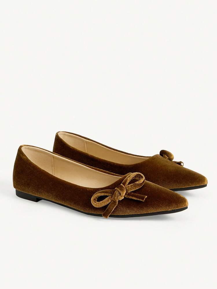 CUCCOO CHICEST Women's Velvet Mary Jane Shoes, Pointed Toe Bow Decor, Elegant Versatile Flat Shoes For Work & Commute