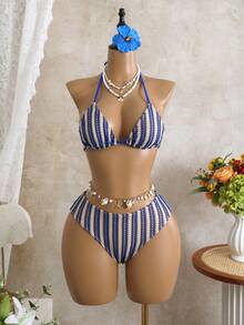 Costavie Bộ bikini 3 mảnh dành cho nữ, đồ bơi kẻ sọc gợi cảm, thoải mái, thích hợp cho bãi biển, đảo và tiệc bể bơi. - Xanh đậm - Xem 7
