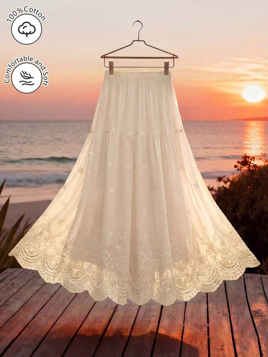 Mulvari 女士弹力腰带镂空刺绣半身裙，春夏款 - 杏色 - 查看 1