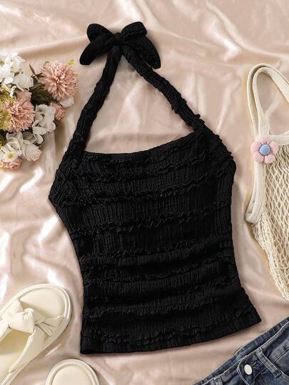 Teen GirlFashionable Cute Comfortable Wavy Pattern Camisole With Bow, Suitable For Outings And Gatherings, Spring/Summer Women Tops Summer Halter Top Sleeveless Tops For Women Black Top Ruched Top