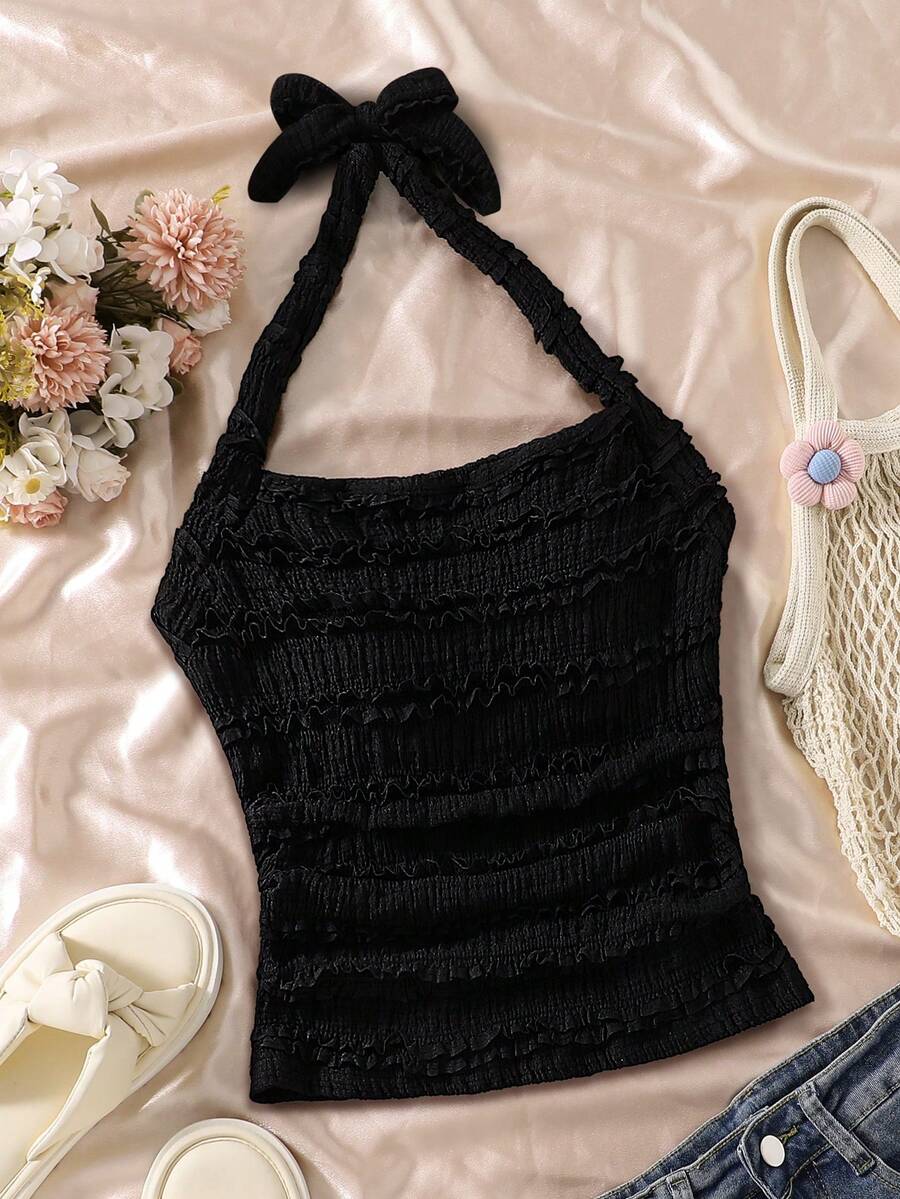 SHEIN 少女时尚可爱舒适波浪纹蝴蝶结吊带背心,适合外出和聚会,春夏款 - 彩色 - 查看 1