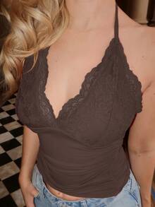 Turnttoni Contrast Lace Halter Top - Chocolate Brown - View 3
