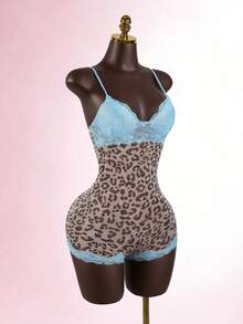 SaltGleam SaltGleam Bộ áo liền quần nữ phối ren lưới in họa tiết. - màu nâu - Xem 3