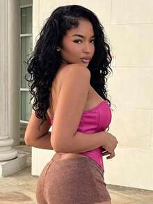 Alexandranx Women's Pu Leather Strapless Date Night Waist Shaping Breast Cup Top - Hot Pink - View 3