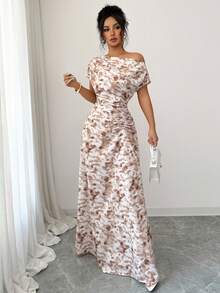 SHEIN Elenzya Vestido asimétrico de hombro con cintura fruncida y estampado todo sobre - Multicolor - Ver 4