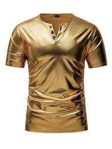 Manfinity Homme Áo thun nam tay ngắn in họa tiết ánh vàng, kiểu dáng thường ngày, thích hợp cho mùa xuân/hè. - Vàng - Xem 3