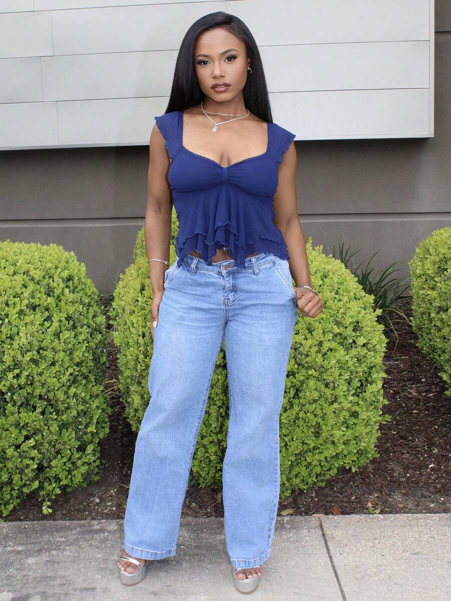 Steph T Top corto casual con escote en la espalda, manga corta, ajustado, de malla y parches, con pliegues en la parte delantera, para vacaciones - Azul Marino - Ver 1