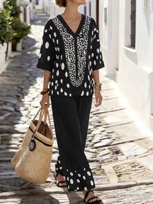 Linhara CURVE Bộ đồ 2 mảnh dành cho nữ mùa hè, gồm áo cổ chữ V in chấm bi và quần ống rộng thẳng, trang phục thường ngày cho kỳ nghỉ. - Đen và trắng - Xem 1