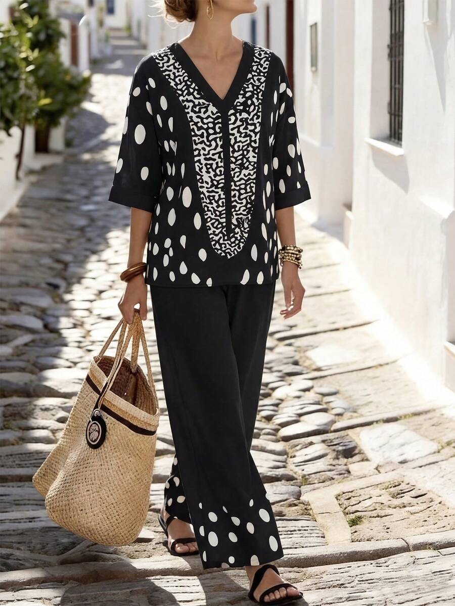 Linhara CURVE Bộ đồ 2 mảnh dành cho nữ mùa hè, gồm áo cổ chữ V in chấm bi và quần ống rộng thẳng, trang phục thường ngày cho kỳ nghỉ. - Đen và trắng - Xem 1