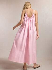 BizChic Summer New U-Neck Ruffle Trim Adjustable Spaghetti Strap Drawstring Back Tie Elegant City Commute Dress For Women - Pink - View 1