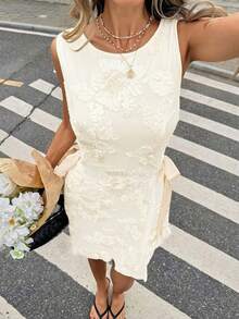 Serisse 女士优雅3D立体花卉系带无袖中长连衣裙，夏季 - 杏色 - 查看 3