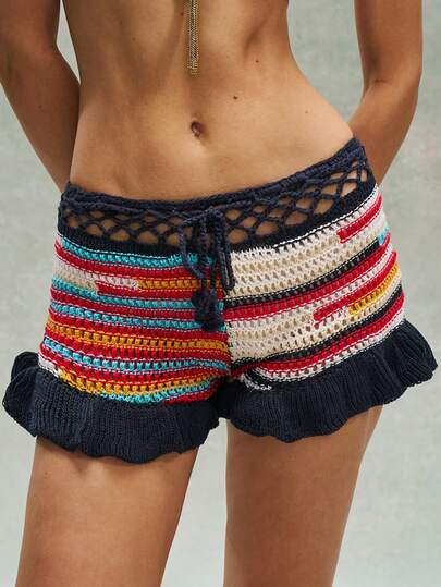 Bohemela 复古彩色条纹钩针编织短裤，适合海滩度假