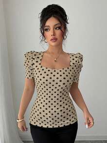 Elenzga petite 女士时尚波点印花方领无袖T恤，弹力针织面料，适合派对、约会、用餐、婚礼季、海滩旅行、节日、日常休闲穿着 - 彩色 - 查看 3