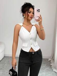 Selianne Women's White Summer Elegant Sexy Brunch Date Night Casual V-Neck Sleeveless Vest, Metal Decor Button, Fitted Waist, Holiday Beach, 2026 Carnival Top - White - View 6