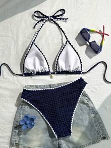 Bikini Triangular Halter Fondo Amarillo Claro con Estampado de Flor Tropical Rosa, Borde Ondulado Contraste Rosa, Parte Inferior de Cintura Alta para Playa y Piscina - Rosa - Ver 6