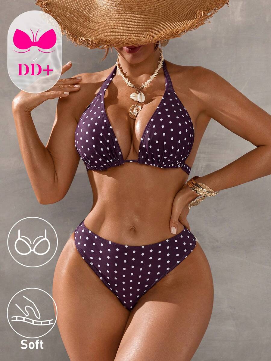 Swim DD+ Conjunto de bikini con estampado de lunares para vacaciones en la playa de mujeres - Café integral - Ver 1