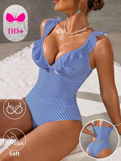 Swim DD+ Women's 26SS Spring/Summer Beach, Women's Striped Print Tankini Set