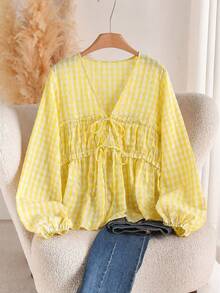 CosyJoli Plus Size Women Casual Tie-Front Plaid Shirt Fall - Yellow - View 1