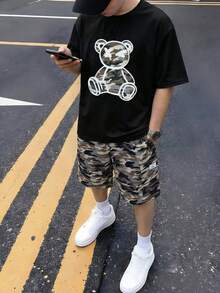 2pcs Teenage Boys' Casual Camouflage Print Round Neck Pocket Fashion Commuter Outfit, Summer - Green - View 3