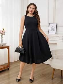 Levarali Gaun Tanpa Lengan Panjang Sedang Warna Hitam Elegan untuk Wanita Ukuran Plus, Kerah Rantai Rhinestone Jahitan Tangan, Pakaian Pesta Minimalis untuk Makan Malam & Kantor - Hitam - View 6