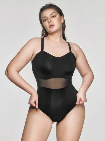 SHAPORA Plus Size Mesh Patchwork Shapewear Jumpsuit