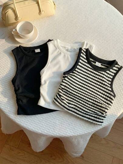 SHEIN 3件套少女针织圆领褶皱休闲背心套装