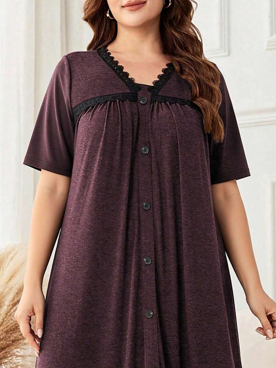 Lacomfia V-Neck Casual Everyday Fashion Minimalist Gray Loose Fit Long Dress With Knit Patchwork Lace Trim Button Decor, Plus Size - Red - View 1