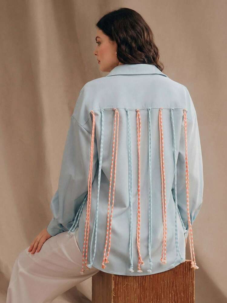 Camisa de manga larga con decoración de flecos para mujer talla grande, nueva colección primavera/verano