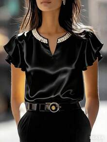 Ellegaria. 女士香槟色缎面珍珠领宽松短袖衬衫，法式优雅珍珠装饰缎面短袖上衣，温柔优雅珍珠领缎面短袖上衣 - 黑色 - 查看 3