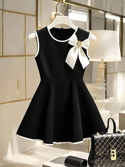 GlowEve Black & White Patchwork Bow A-Line Elegant Women Short Dress