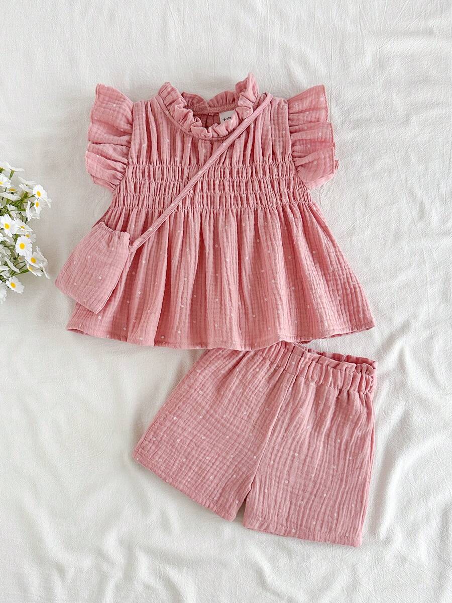 SHEIN Vintaside Kids 女婴可爱休闲波点荷叶边上衣+阔腿裤+包包两件套，适合夏季、居家和户外活动 - 粉色 - 查看 1