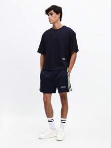SUMWON Navy Athletic Shorts With Yellow Side Stripes And Logo Detail Men's Summer Casual Sportswear With Side Pockets - Navy Blue - View 3