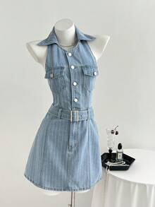 Elamini Áo sơ mi denim kẻ sọc phong cách Y2K thường ngày - Rửa nhẹ - Xem 1