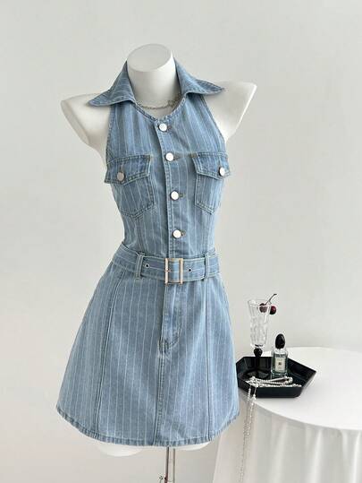 Elamini Vestido de mezclilla con camisa a rayas de moda casual Y2K