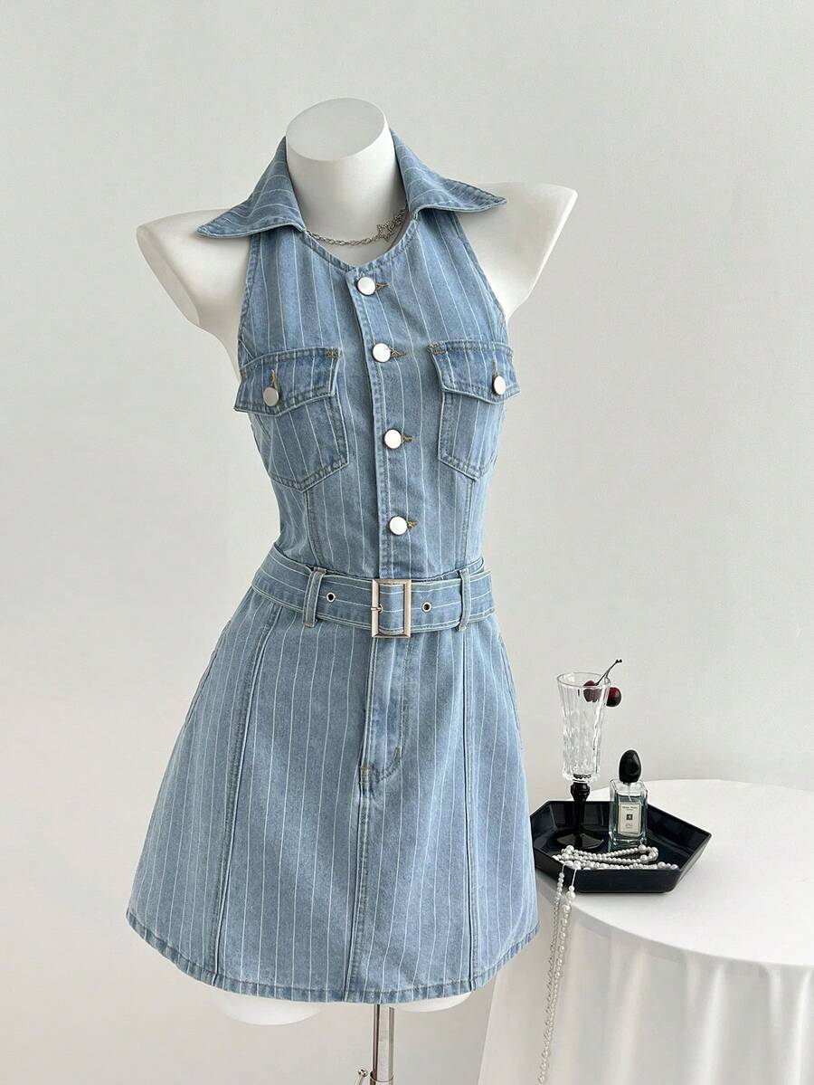 Elamini Áo sơ mi denim kẻ sọc phong cách Y2K thường ngày - Rửa nhẹ - Xem 1