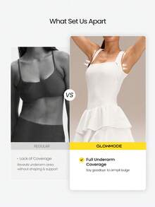 GLOWMODE Game On Buttery-Soft Quick-Dry Removable Cups Built-In Shorts Side Pockets Squareneck Cutout Back Tiered Tennis Dress Golf Pickleball Gym - White - View 2