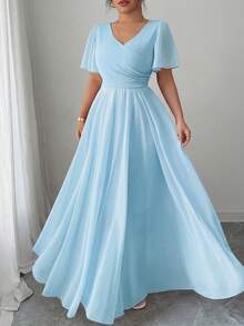 Elenzga Plus Size Women's V-Neck A-Line Chiffon Dress With Ruffle Sleeves, Simple Elegant And Romantic - Blue - View 1