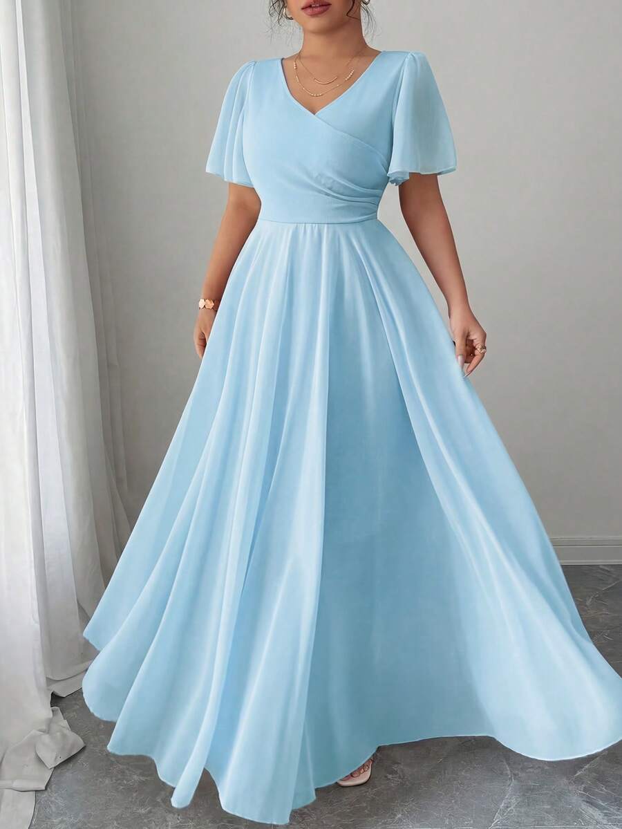 Elenzga Plus Size Women's V-Neck A-Line Chiffon Dress With Ruffle Sleeves, Simple Elegant And Romantic - Blue - View 1