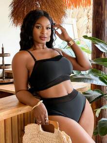 Slaydiva Set Pakaian Renang Bikini dan Celana Dalam Segitiga Kasual Warna Polos untuk Wanita Ukuran Besar di Pantai Musim Panas - Hitam - View 5