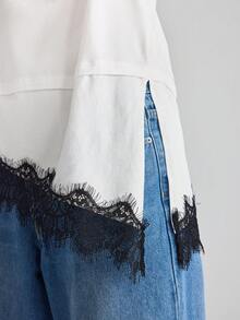 Ontre 女士圆领蕾丝拼接休闲百搭日常短袖T恤，蕾丝边饰T恤，夏季女士上衣，女士短袖上衣，夏季上衣 - 黑色 - 查看 9