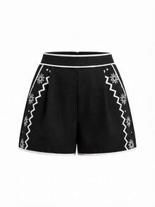 Gownix 女士夏季时尚印花背心短裤两件套，夏季女士舒适宽松优雅休闲百搭通勤背心短裤黑白撞色两件套夏季套装，女士夏季服装，女士度假服装，黑色夏季服装，女士夏季套装，黑色节日服装，短款服装，女士邮轮服装套装，度假服装 - 黑色 - 查看 5