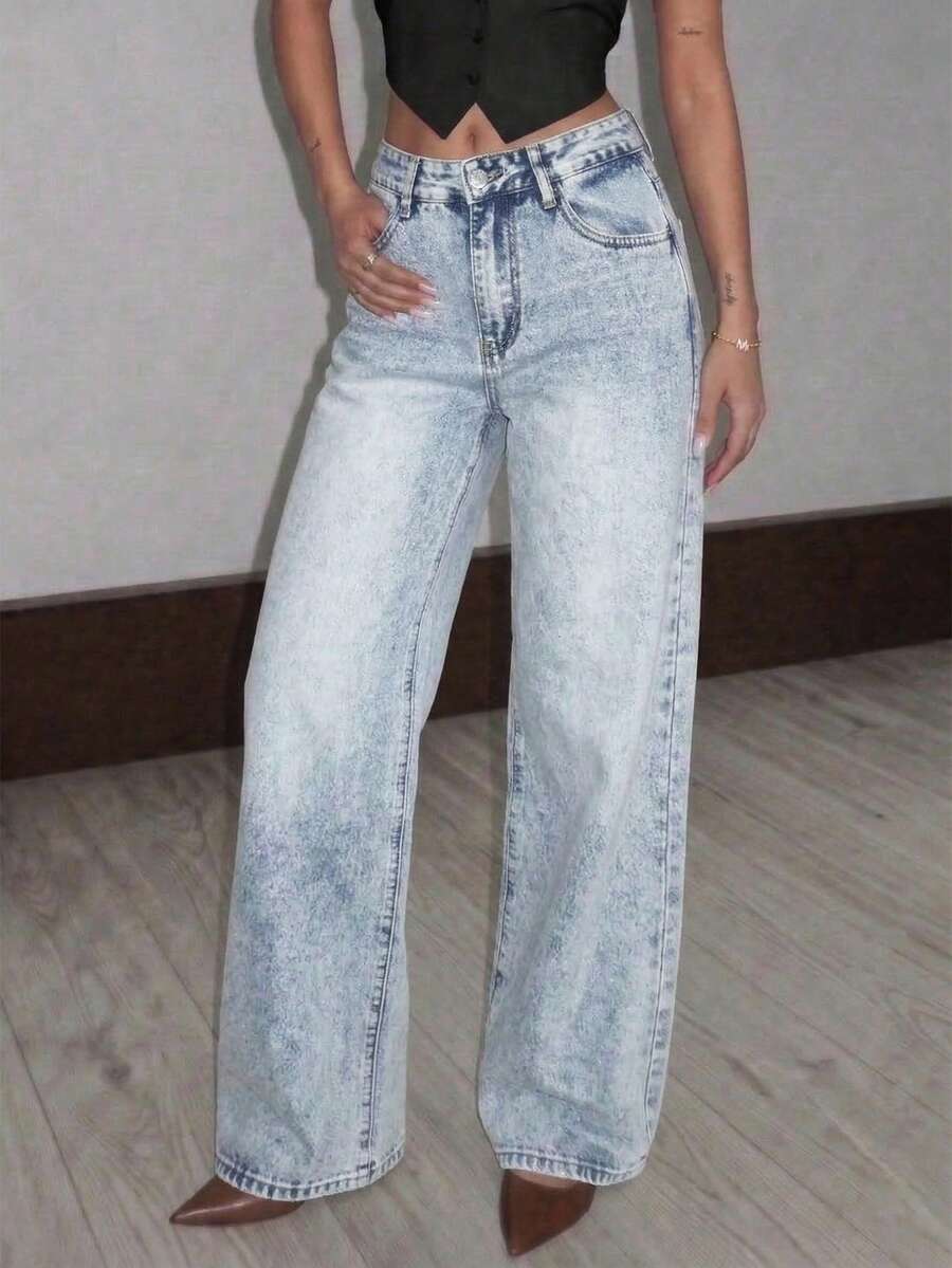 SHEIN Tall Quần jeans nữ ống rộng, dáng suông, thoải mái, đa năng, có túi. - Rửa nhẹ - Xem 1