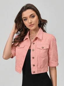 SHEIN EZwear Áo khoác denim nữ tay ngắn, cài một hàng khuy, kiểu dáng thường ngày - Màu Hồng  Dưa hấu - Xem 6