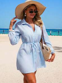Swim Vcay Women's Spring/Summer Striped Long Sleeve Collared Waist Cinched Vacation Dress, Cover-Up - Blue - View 6