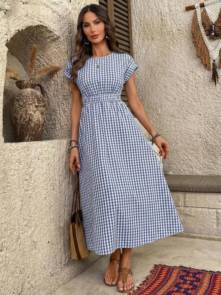 EMERY ROSE Women's Casual Plaid Waist Cinched Long Dress, Summer Women's Summer Dresses Gingham Picnic Dresses For Women Checked Dress Gingham Dress Women Casual Dresses Casual Summer Dresses For Women - Blue and White - View 8